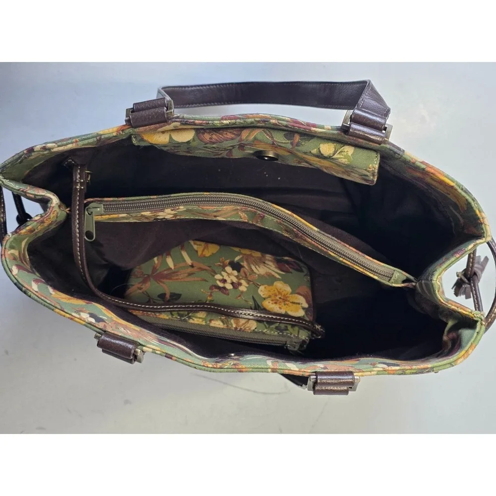 Caribbean Joe ShoulderBag‎ Handbag Floral Print Green Brown Purse Pouch Bag